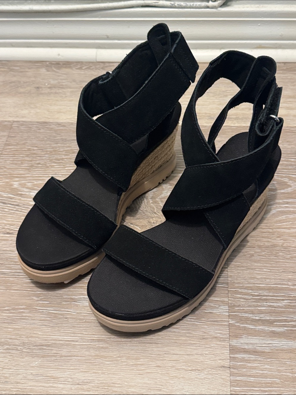 UGG Black Crisscross Suede Espadrille Wedge Sandals